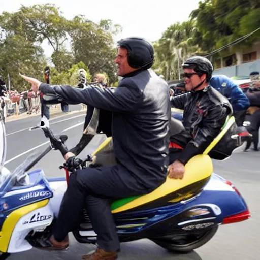 Prompt: chad president jair messias bolsonaro, riding a motorcicle with explosions on the background