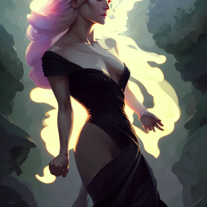 Image similar to style artgerm, joshua middleton, hubert robert, beautiful kristen bell with black dress, very long white hair, symmetrical face, symmetrical eyes, purple fire powers fire swirling, detailed, forest setting, cinematic lighting