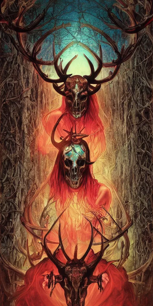 Image similar to intense glowing black metal pagan god with antlers and blood and intense glowing eyes with a bull skull in very dark forest by marco mazzoni and alphonse mucha, portrait, fantasy, clear, red and teal and yellow, light beams, lens flare, intense, uhd, amazing depth, cinematic lighting