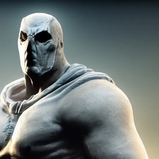 Image similar to a photorealistic render ofmoon knight mixed with krator from gow, artstation 4 k, cgivfx, shortfilmshd, wetastudiofx, bigstudiovfx, octanerender 3 d, framestorevfx, cgrecord