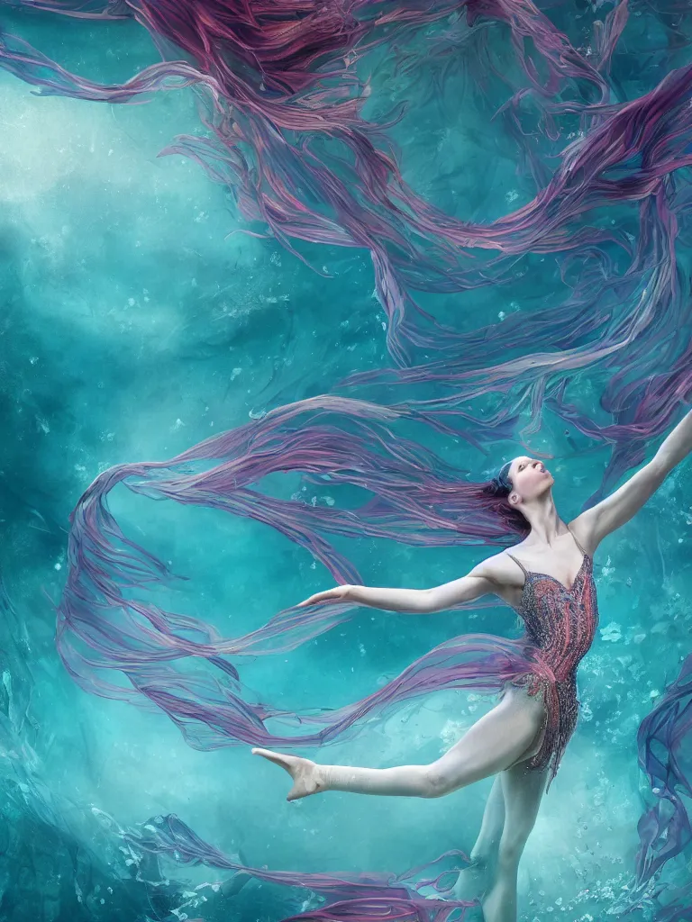 Image similar to a beautiful hyperdetailed rendering of a extremely cohesive underwater ballerina lyrical dancer with extremely long flowy dress like a beta fish fins, weightless, flowy, deep color, fine bubbles, cryengine, 8 k, extreme detail, realism, realistic, surrealist, full subject in frame and view, epic scale ultrawide angle, aquasixio