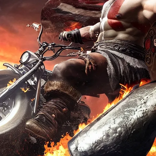 Image similar to kratos, with leviathan axe, jumping a black harley - davidson motorcycle off a cliff, cinematic render, playstation studios official media, god of war 2 0 1 8, harley - davidson