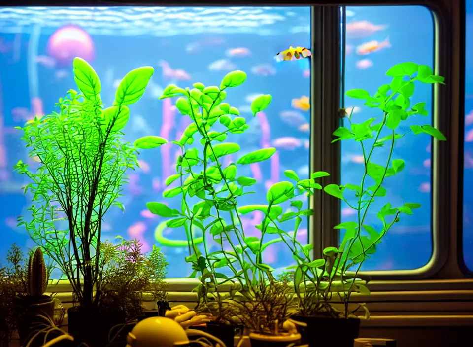 Image similar to telephoto 7 0 mm f / 2. 8 iso 2 0 0 photograph depicting an alien cheese plant in a cosy cluttered french sci - fi ( art nouveau ) cyberpunk apartment in a pastel dreamstate art cinema style. ( aquarium, computer screens, window ( city ), leds, lamp, ( ( ( aquarium bed ) ) ) ), ambient light.