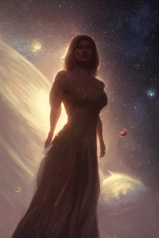 Image similar to a woman, wearing a dress made of stars, rim lighting, dramatic, planets in the background, smooth, sharp focus, very detailed, by greg rutkowski, artstation, tom badshaw, 8 k, symmetrical detailed face