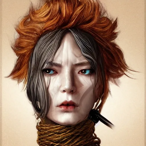 Image similar to portrait of a Shibari rope wrapped face and neck, headshot, insanely nice professional hair style, dramatic hair color, digital painting, of a old 17th century, old cyborg merchant, amber jewels, baroque, ornate clothing, scifi, realistic, hyperdetailed, chiaroscuro, concept art, art by Franz Hals and Jon Foster and Ayami Kojima and Amano and Karol Bak,