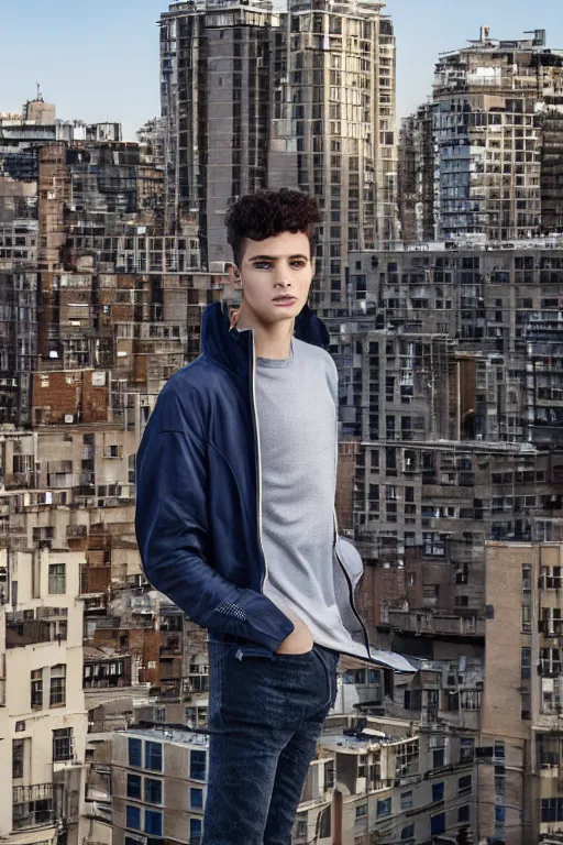 Image similar to un ultra high definition studio quality photographic art portrait of a young man standing on the rooftop of a british apartment building wearing soft padded silver pearlescent clothing. three point light. extremely detailed. golden ratio, ray tracing, volumetric light, shallow depth of field. set dressed.