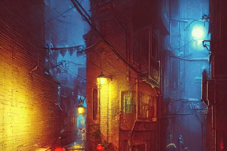 Image similar to dark cyberpunk alleyway, art by james gurney, trending on artstation, moon light isometric view tonalism, bokeh, surrealism, infrared, dadaism