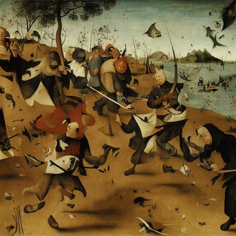 Image similar to The medium shot of three sarcastic mans with fishes running away with a small profit of money, thinking they've made a great deal, Grim Reaper laughs and follow them, by Hieronymus Bosch and Pieter Bruegel, super detailed oil painting, proportional faces, hyper realistic, 4k, masterpiece