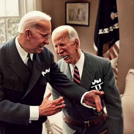 Prompt: UHD candid color photo of Hitler and Joe Biden scissoring, accurate faces, UHD, photorealistic, correct face, photo by Annie Leibowitz