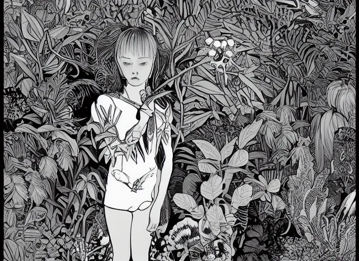 Prompt: surreal line art of beautiful young girl with a lot of jungle flowers and plants, poison toxic mushrooms, long grass, butterflies on its head + mystic fog, no - shadow, 7 0's vintage sci - fi style, by moebius, kim jung gi, hyperrealism, poster art by android jones, behance contest winner, generative line art