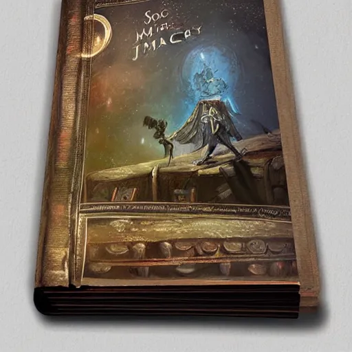 Prompt: concept art of a magic story book on a vintage desk. the space around it is dark. artstation, digital art, cutscene graphic, oil painting, fantasy