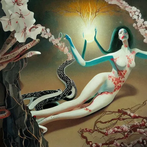 Prompt: beautiful painting of the white oneiric landscape of a deconstructed bedroom with snakes and cherry blossoms in the style of Francis Bacon, Karol Bak, Daturahex and Jesse Kanda. Dark background, detailed, trending on Artstation