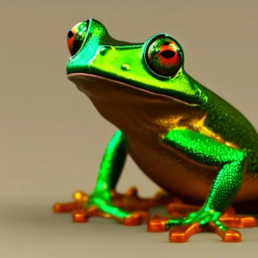 Prompt: a metallic green tree frog made of jello, shiny, glowing eyes, octane render