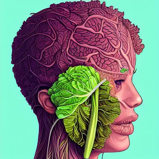 Prompt: the anatomy of a head of lettuce that looks like kim tae hee, an ultrafine detailed painting by james jean, intricate linework, bright colors, final fantasy, behance contest winner, vanitas, angular, altermodern, unreal engine