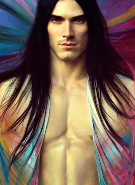 Image similar to a muscular man with long black hair and pale skin. he is wearing a white royal robe. i'm the background, rainbow colors swirl around him. chromatic light. portrait painting by artgerm and greg rutkowski and alphonse mucha.