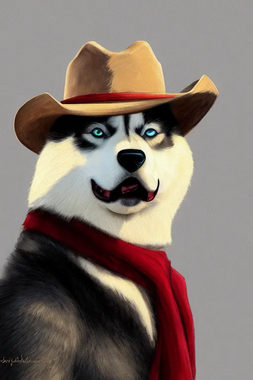 Image similar to a portrait painting of a husky in cowboy costume, wearing a cowboy hat, by [ studio ghibli ], [ western film ], [ red dead ], trending on artstation