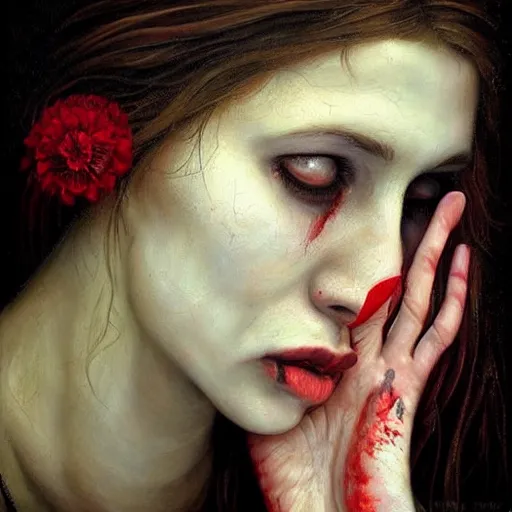 Image similar to a hyperrealistic painting of a beautiful gothic princess crying tears of blood, by Andrea Kowch, vivid color, highly detailed,