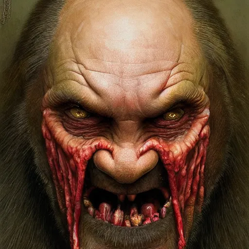 Image similar to vladimir putin, putin is bald caveman, vladimir putin awe face, toothless, saw teeth, reptile scary eyes, peeling skin, horror macabre face, clown nose, by donato giancola and greg rutkowski and wayne barlow and zdzisław beksinski, realistic face, digital art