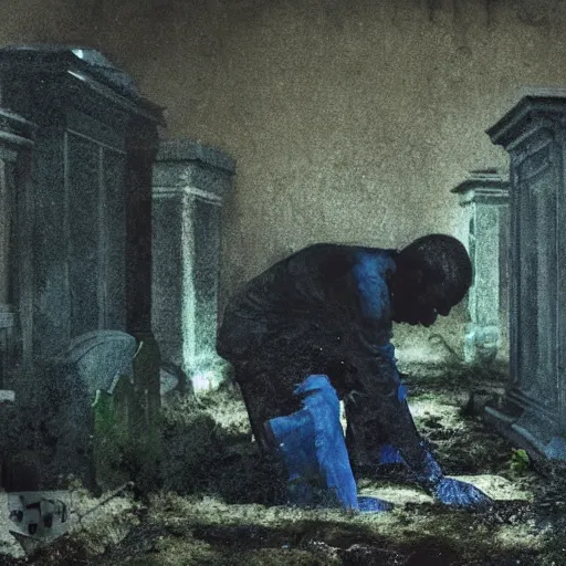 Image similar to one man in a cemetery digging up a dead body, by nicola samori, painting, 8 k, high detail, blue, orange, and dark green tones, high quality, sad feeling, high detail, dark colors, sinister atmosphere, dramatic lighting, cinematic, establishing shot, extremely high detail, photo realistic, cinematic lighting