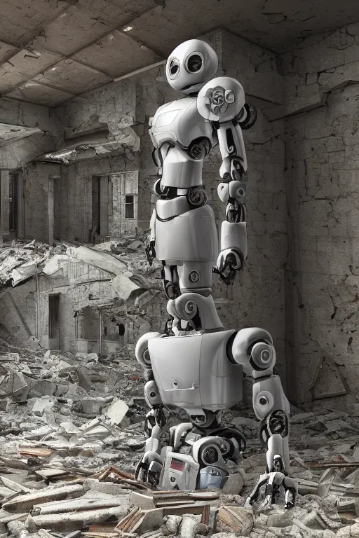 Image similar to A robot designed by DeepThinking is in a destroyed Ukraine museum after the destruction of the USSR, photorealistic render, 4K, Octane render, deep thought, hyperrealistic.