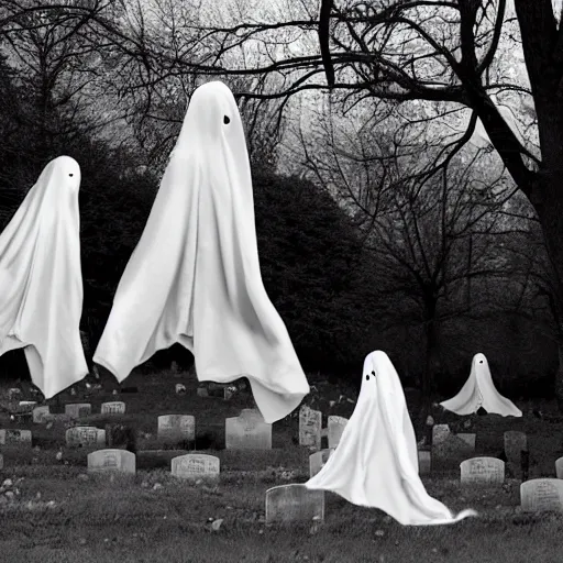Prompt: bedsheet ghosts haunting a graveyard