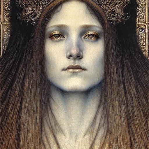 Prompt: detailed realistic beautiful young medieval queen face portrait by jean delville, gustave dore and marco mazzoni, art nouveau, symbolist, visionary, gothic, pre - raphaelite