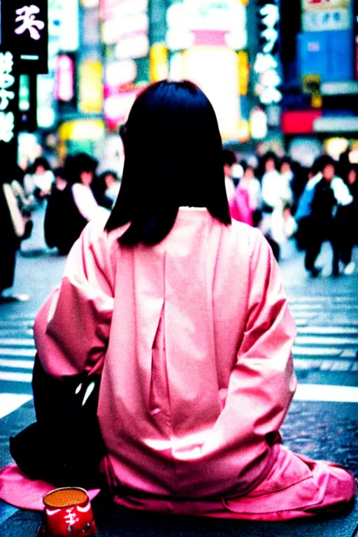 Image similar to dynamic street photography portrait of a pretty and beautiful japanese woman sitting at shibuya crossing, shot on cinestill 5 0 d with a 3 5 mm lens aperture f / 5. 6, dynamic composition, close up, full frame, full res sharp focus, realistic