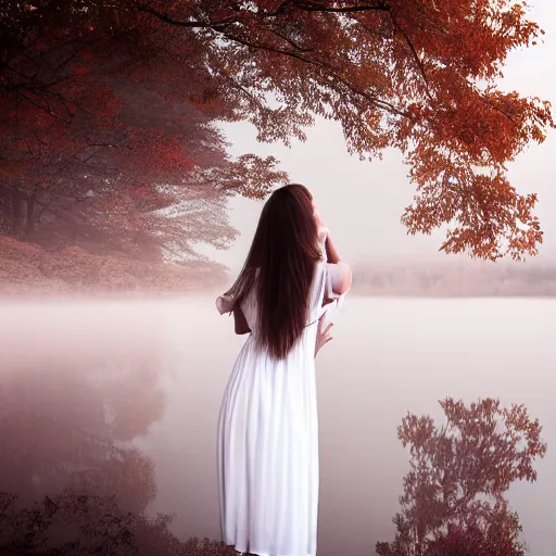 Image similar to a ghostly woman in a white dress rising from a misty lake dripping wet, high resolution photograph, autumn, sunrise, eerie light