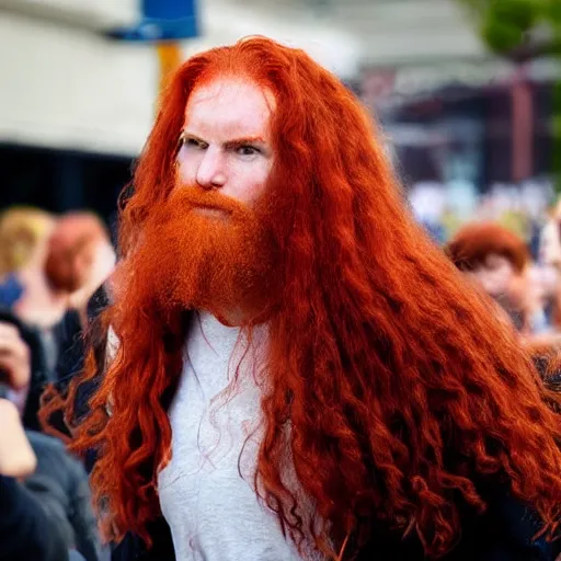 Prompt: a 7 0 foot tall red - haired man walking among the crowd