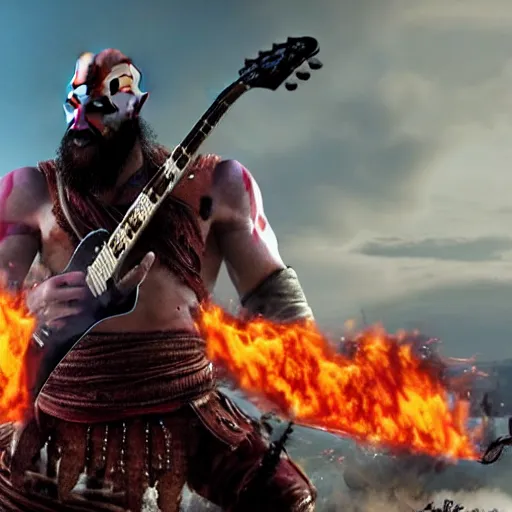 Image similar to kratos rocking out on a flaming stratocaster guitar, cinematic render, god of war 2 0 1 8, playstation studios official media