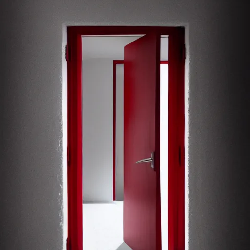 Prompt: a featureless white room with a red door on the far end, liminal space,