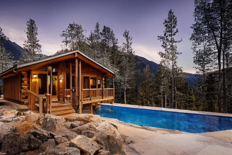 Image similar to modern cabin with pool, mountain background, forest, clear sky, night, cinematic lighting, photorealistic, high resolution, high detailed