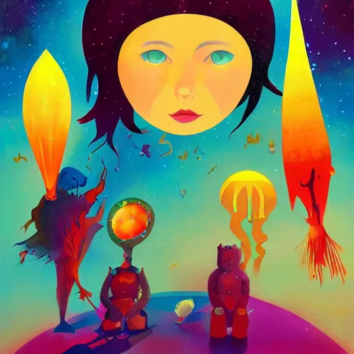 Image similar to a painting of in a dream, are all the characters really you?, poster art by tim biskup, behance contest winner, space art, poster art, wallpaper, digital illustration