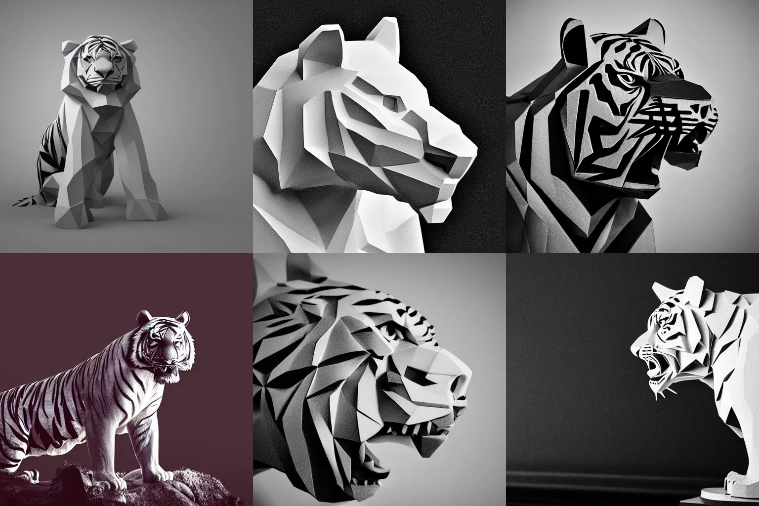 Prompt: beautiful artistic white low poly statue of an angry tiger shot in the dark in hard light black and white photo