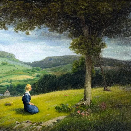 Prompt: Victorian British woman with blond hair in foreground staring off into pastoral green hillside in England done in the style of a painting, cinematic, 4k,