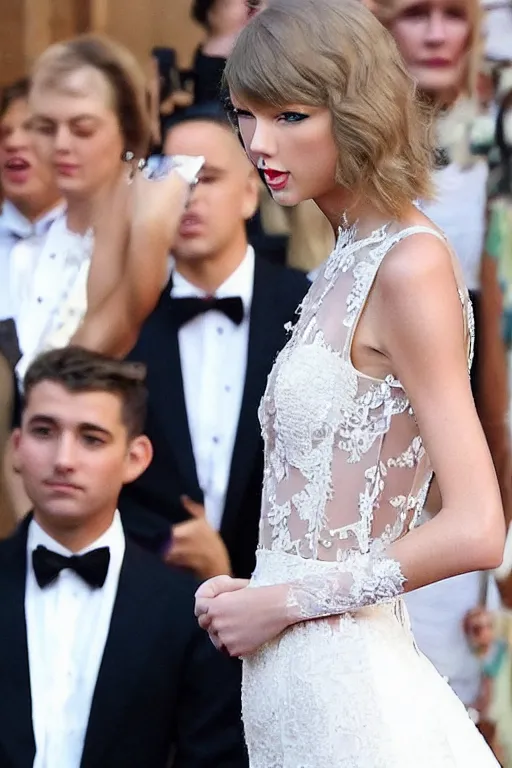 Image similar to waist - up - photo!!!!!!!!! of taylor swift in a beautiful wedding dress, focus on face and facial details