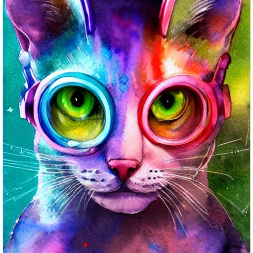 Image similar to beautiful detailed watercolor artwork of an anthropomorphic female cat wearing rgb gamer headset, super detailed, portrait, trending on artstation, deviantart, pixiv, made by jay naylor, dan mumford