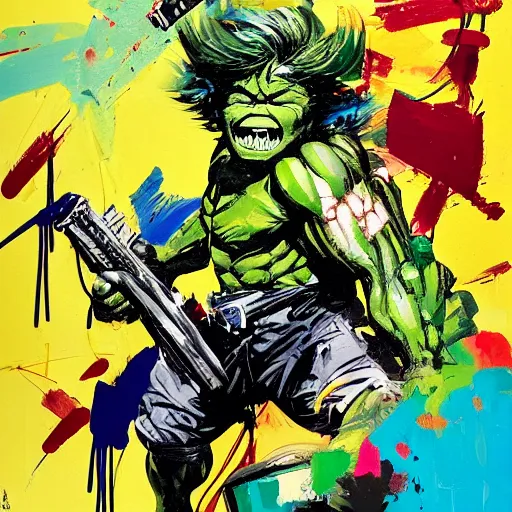 Image similar to baby hulk art by ashley wood, jim mahfood, traditional painting, yoji shinkawa, jamie hewlett, 6 0's french movie poster, french impressionism, vivid colors, palette knife and brush strokes, paint drips, 8 k, hd, high resolution print