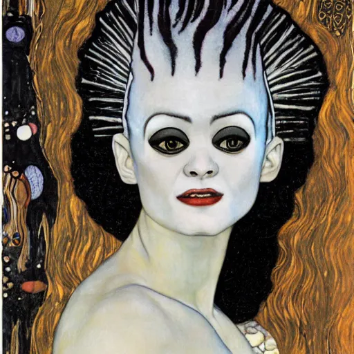 Image similar to bride of frankenstein influenced by gustav klimt.