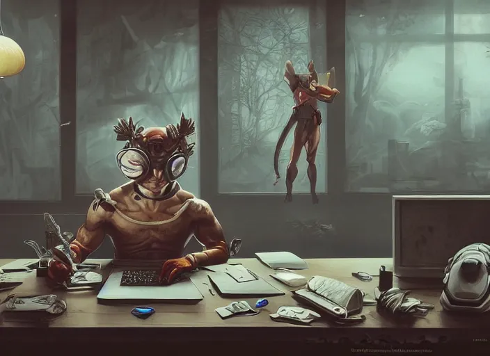 Image similar to an insanely detailed painting of an asian man wearing a homemade superhero costume, sitting at a desk, staring seriously at the computer and typing, in the style of peter mohrbacher, james jean, dramatic lighting and composition, surreal background, octane render, pixar, trending on artstation, concept art, comic book, view from behind, 8 k