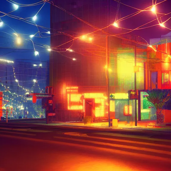 Image similar to Downtown Mexico, string lights, colorful lighting, night, realism, intricate abstract, ((gta 5 screenshot house)), by Tooth Wu, by Greg Rutkowski