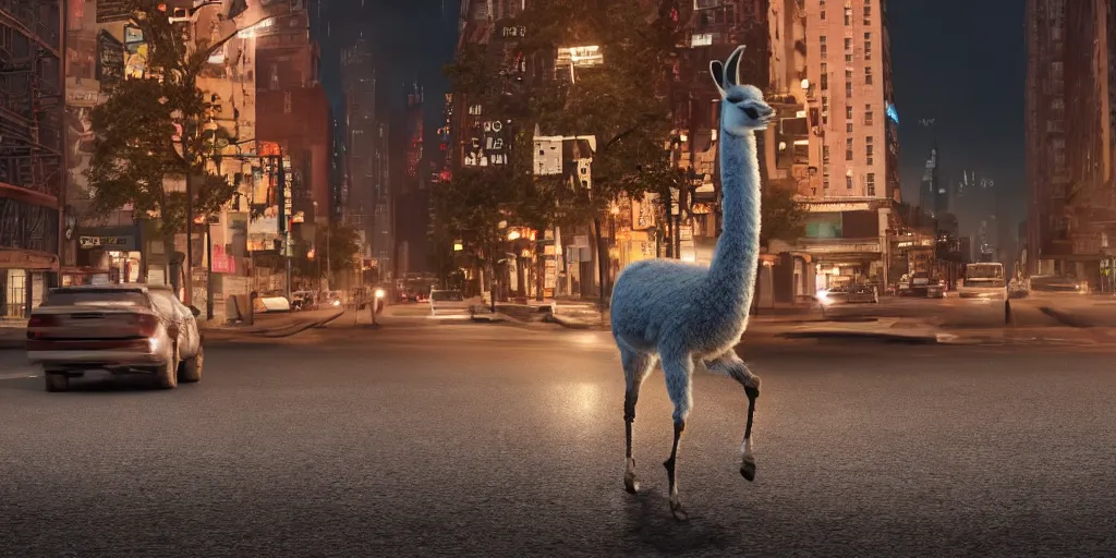 Prompt: a llama walking away from the camera into a desolate manhattan city street at night, statue of liberty seen in the background, realistic 4 k octane beautifully detailed render, 4 k post - processing, highly detailed, detailed face, intricate complexity, epic composition, magical atmosphere, cinematic lighting, masterpiece, ultra hd