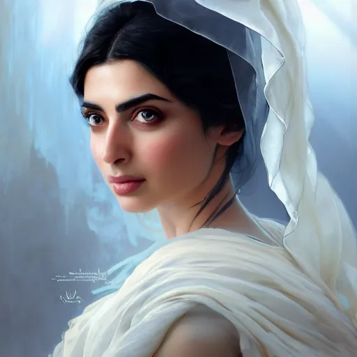 Prompt: a Photorealistic dramatic hyperrealistic,Crystal blue eyes ameera al taweel with black hair, white veil,elegant face, by WLOP,Artgerm,Greg Rutkowski,Alphonse Mucha, Beautiful dynamic,shadows,Artstation,concept design art,Octane render,8K