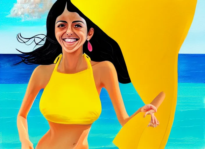 Image similar to a girl with black hair, with a very beautiful symmetrical face, a smile on her face, tanned skin, in a yellow bikini, against the background of a sea beach, in art style, high detail, digital painting
