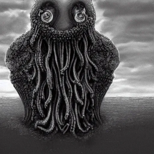 Image similar to a gigantic lovecraftian cyclope emerging from under the ocean, gazing to the sky, old 3 5 mm ilford black and white, photorealistic, anamorphic lens, highly detailed, high definition, hyperrealistic