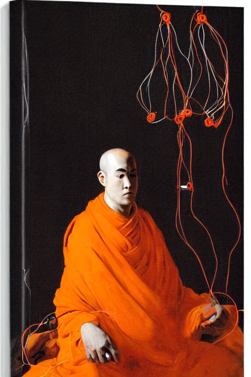 Image similar to portrait of a techno monk in orange robes with wires and circuit boards coming out of his face by francisco goya