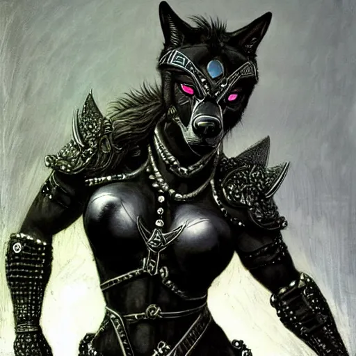 Prompt: detailed portrait of an anthro female black wolf as zarya from overwatch as a powerful medieval warrior wearing iron chainmail, intricate, hyper detailed, realistic, oil painting, by john atkinson grimshaw, milo manara, cinematic ligh