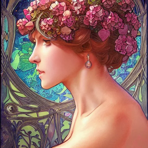 Prompt: Art Nouveau Queen of Hydrangea, Sexy Samus Aran metroid, portrait, headshot, D&D, fantasy, highly detailed, digital painting, artstation, concept art, sharp focus, illustration, art by artgerm and greg rutkowski and alphonse mucha