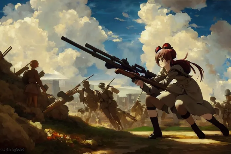 Image similar to baroque oil painting of anime key visual concept art of anime maid committing war crimes with rifle 1 9 4 0 during occupation of france colorized, trending on artstation, brush strokes, oil on canvas, style of makoto shinkai and greg rutkowski and studio ghibli