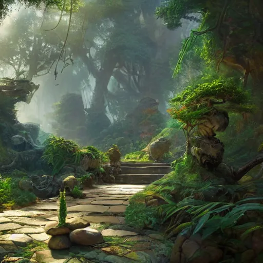 Image similar to concept art of a jungle path with a huge overgrown stone statues, religious, in the style of fenghua zhong and ruan jia and jeremy lipking and peter mohrbacher, mystical colors, rim light, beautiful lighting, 8 k, stunning scene, raytracing, octane, trending on artstation